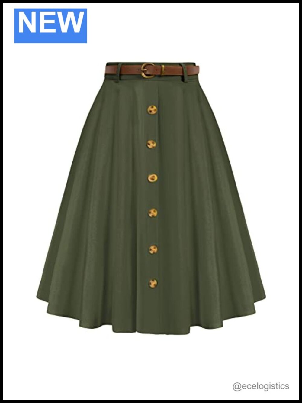 Vintage Stretch High Waist A-Line Flared Midi Skirts with Pockets & Belts
